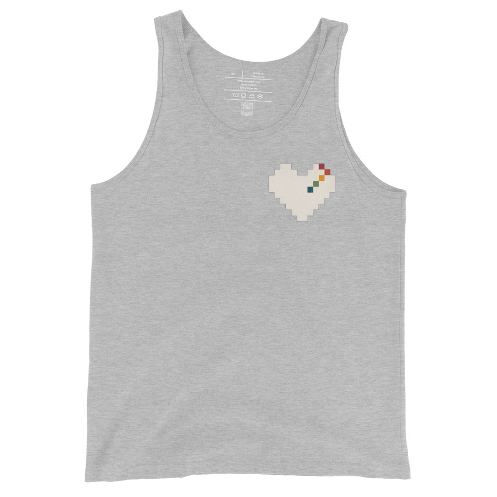 Pixel Heart Pride unisex tank in athletic heather with a retro rainbow pixel heart