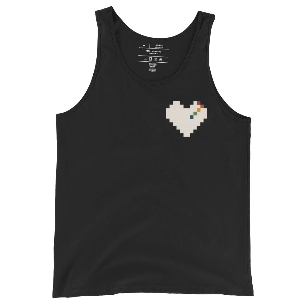 Pixel Heart Pride unisex tank in black with a retro rainbow pixel heart