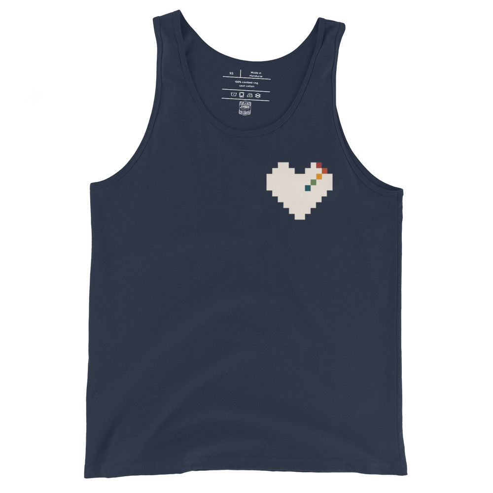 Pixel Heart Pride unisex tank in navy with a retro rainbow pixel heart