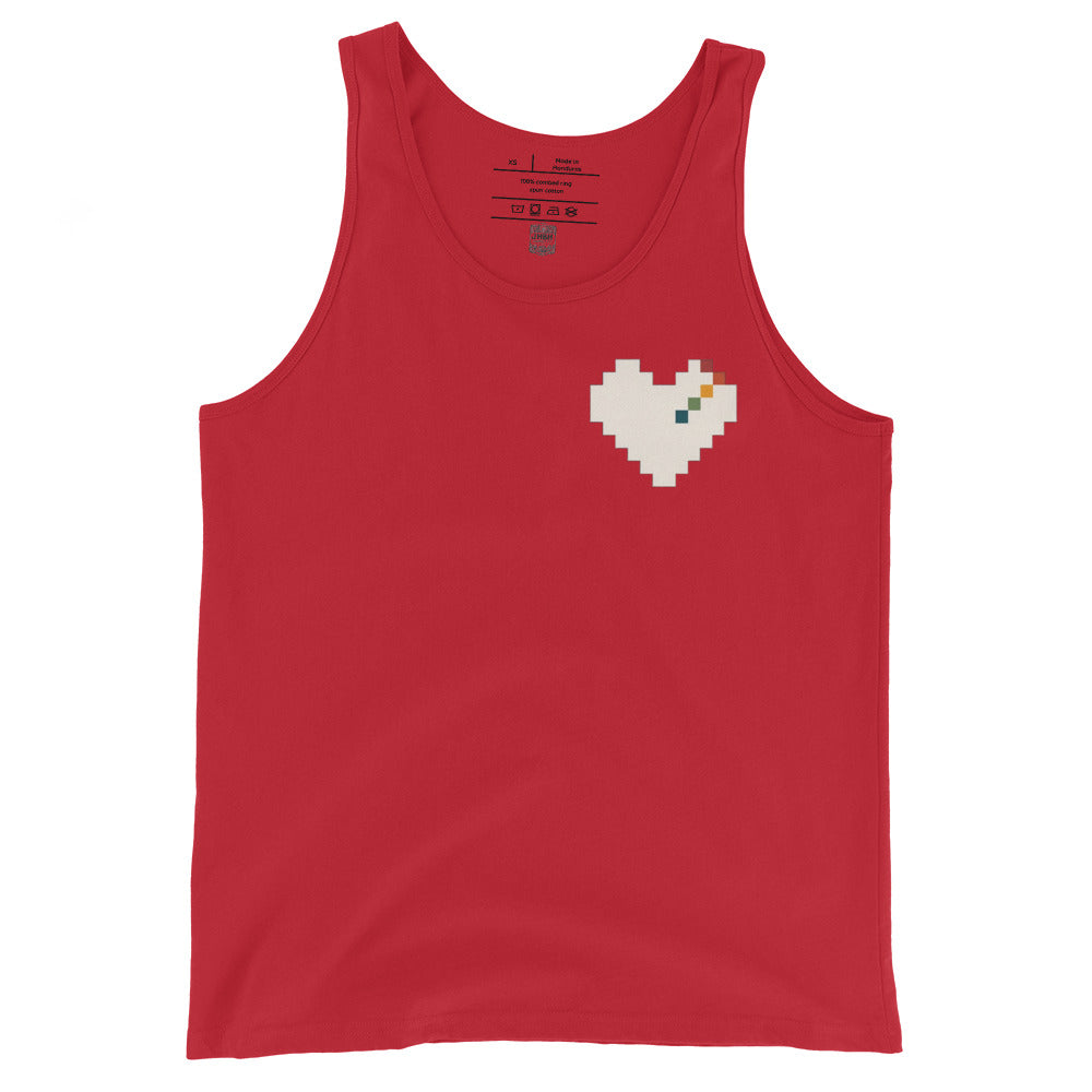 Pixel Heart Pride unisex tank in red with a retro rainbow pixel heart