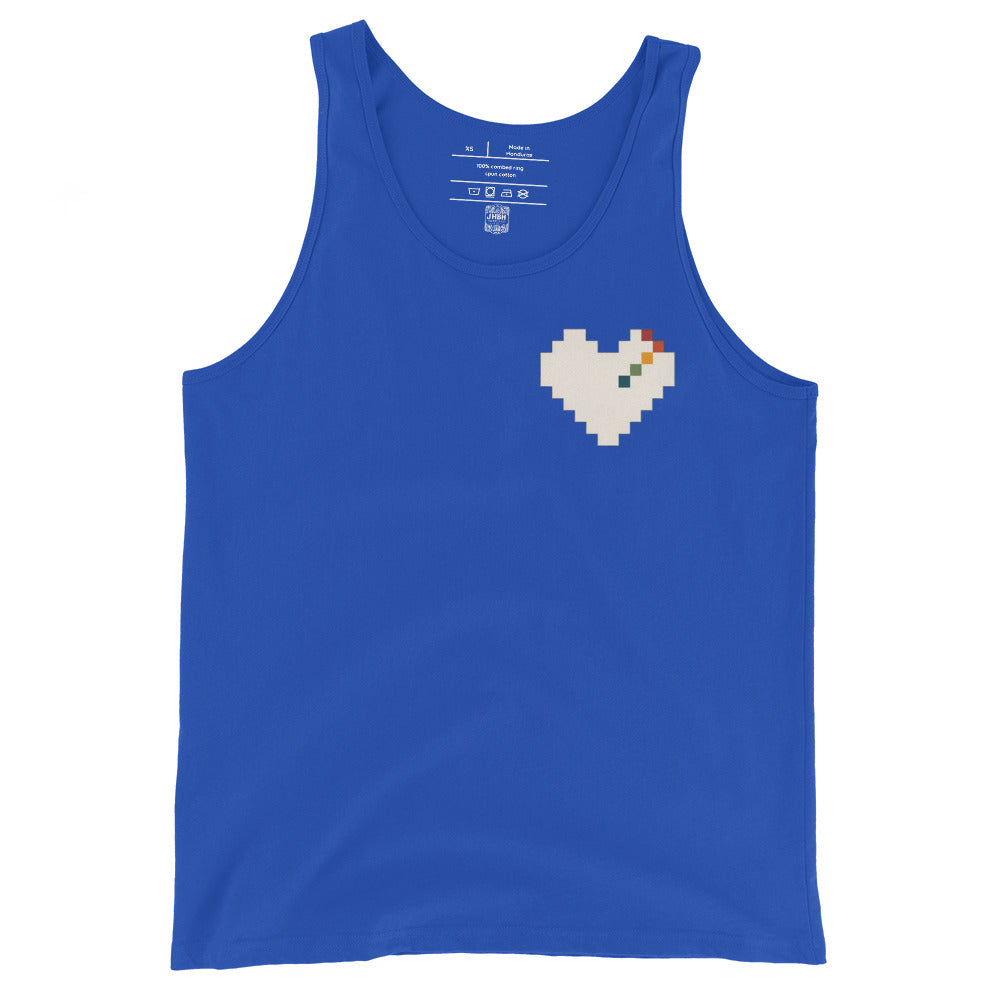 Pixel Heart Pride unisex tank in true royal with a retro rainbow pixel heart