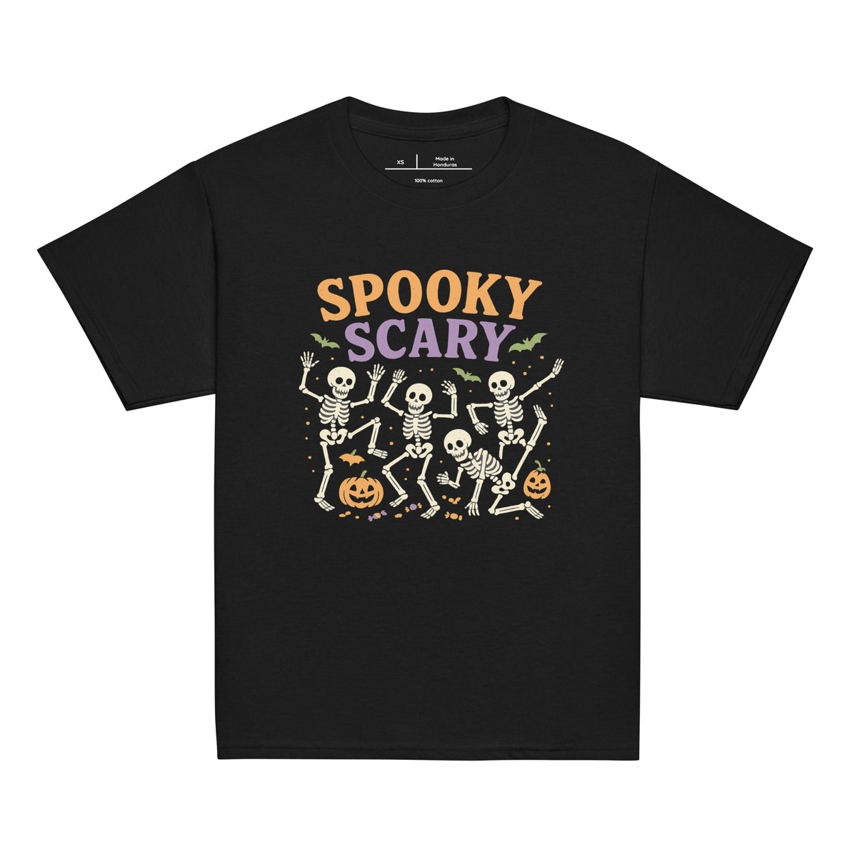 Spooky Scary youth tee in black with dancing skeletons and jack-o'-lanterns