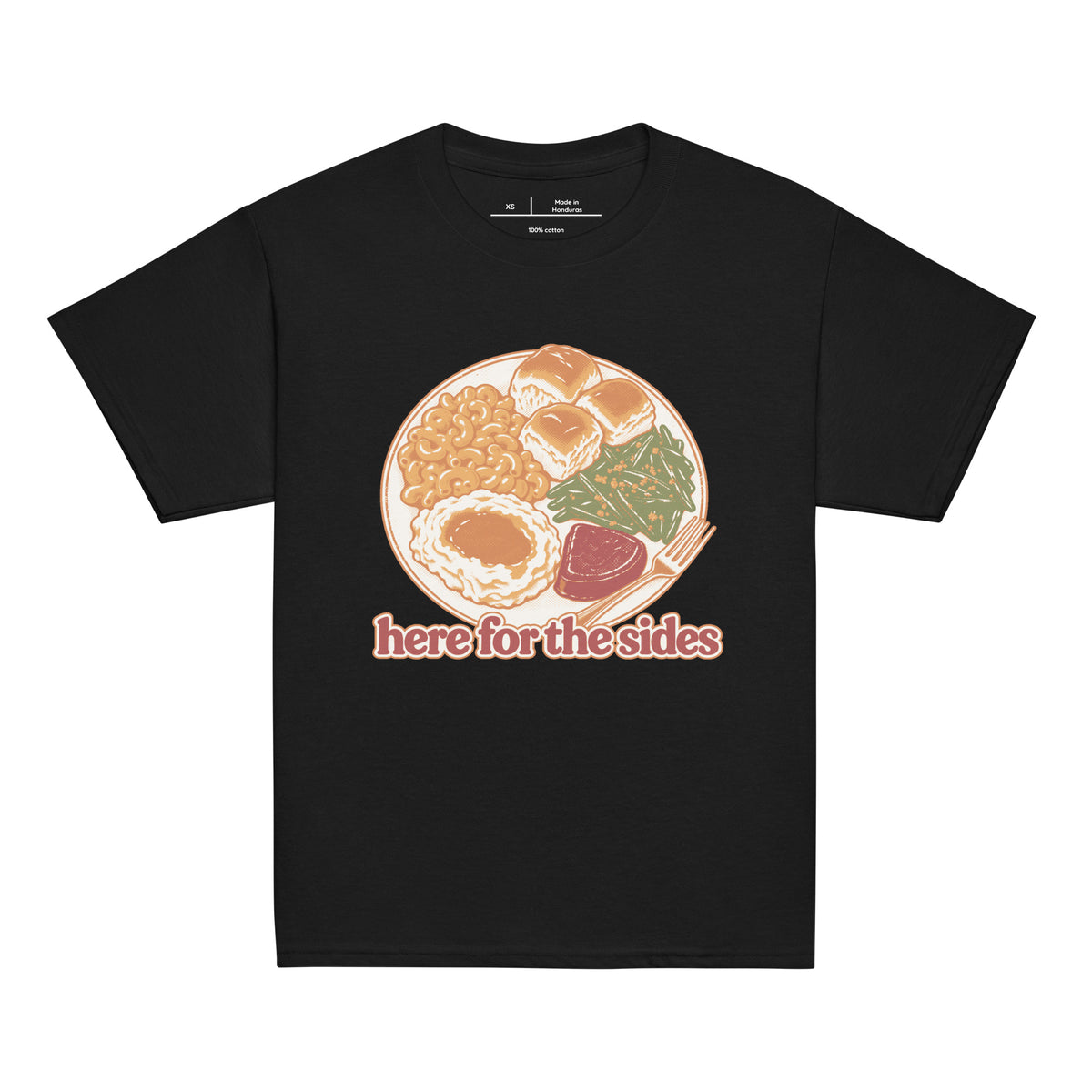 Here for the Sides youth tee in black with a retro plate of Thanksgiving sides
