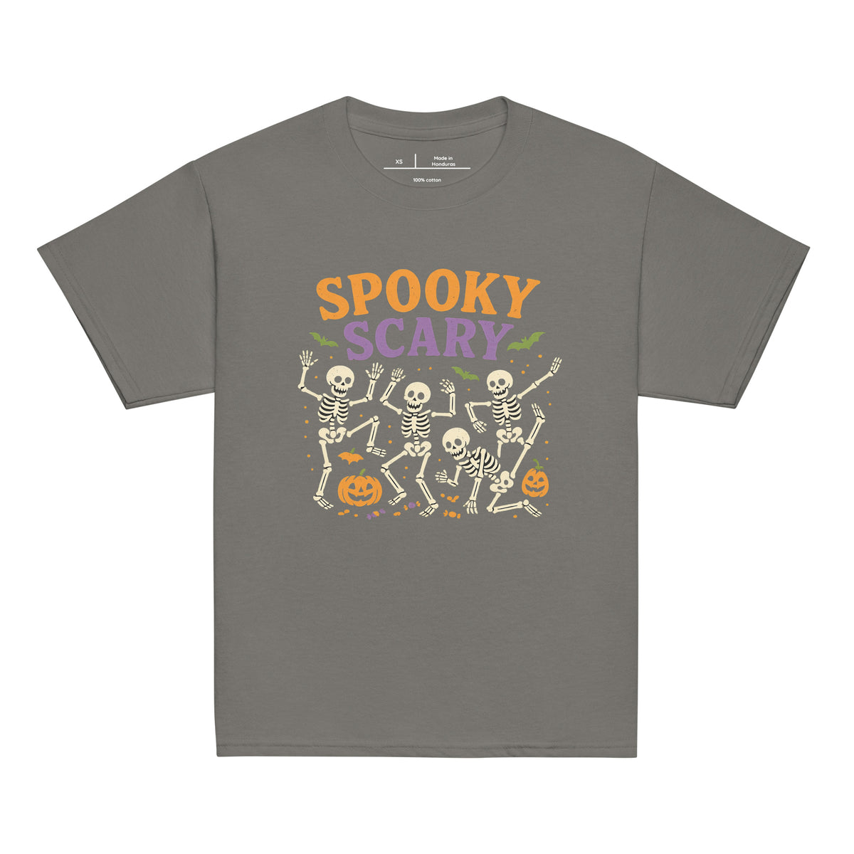 Spooky Scary youth tee in charcoal with dancing skeletons and jack-o'-lanterns