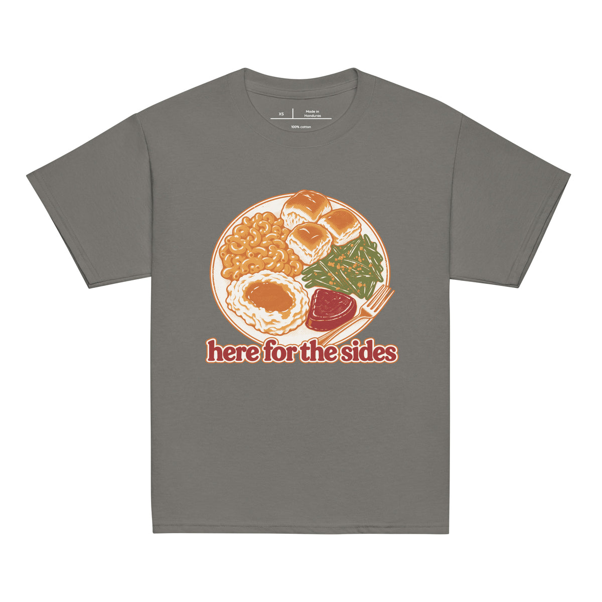 Here for the Sides youth tee in charcoal with a retro plate of Thanksgiving sides