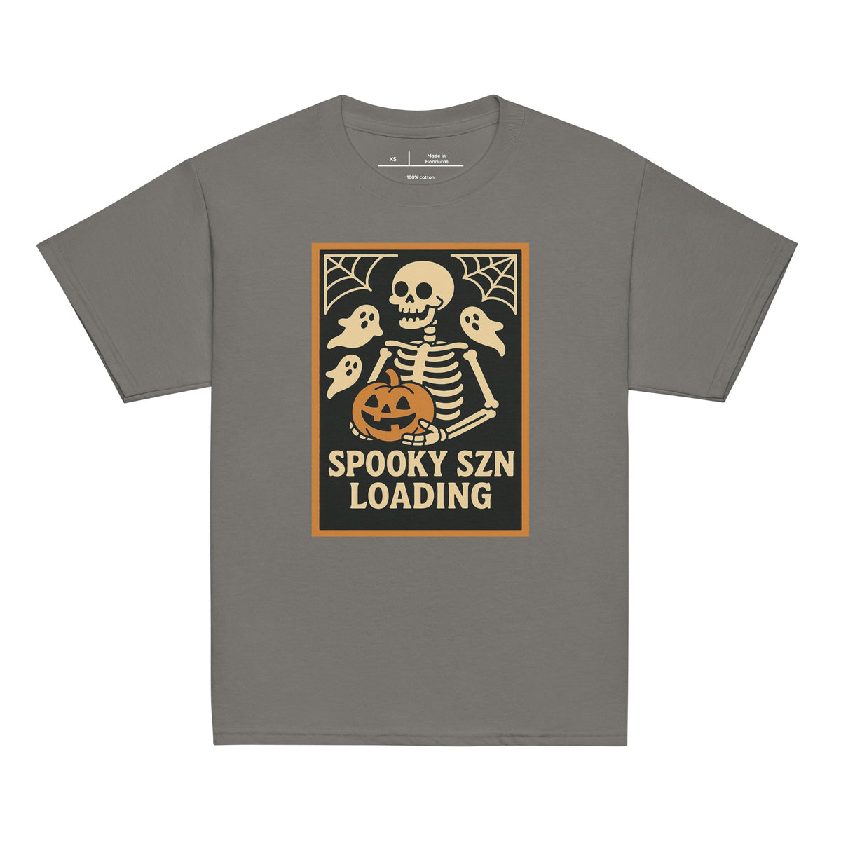 Spooky Szn Youth Tee in Charcoal, front view