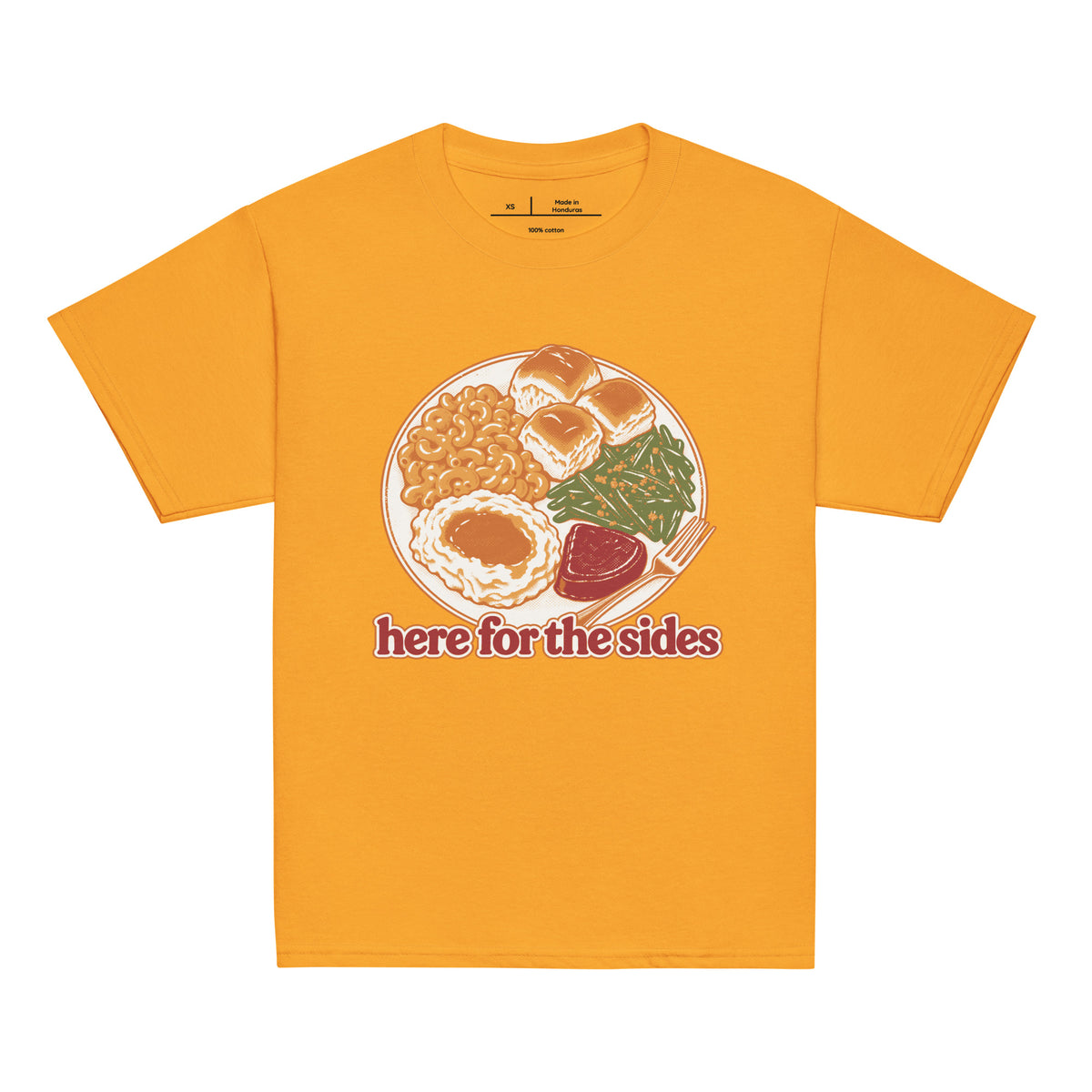 Here for the Sides youth tee in gold with a retro plate of Thanksgiving sides
