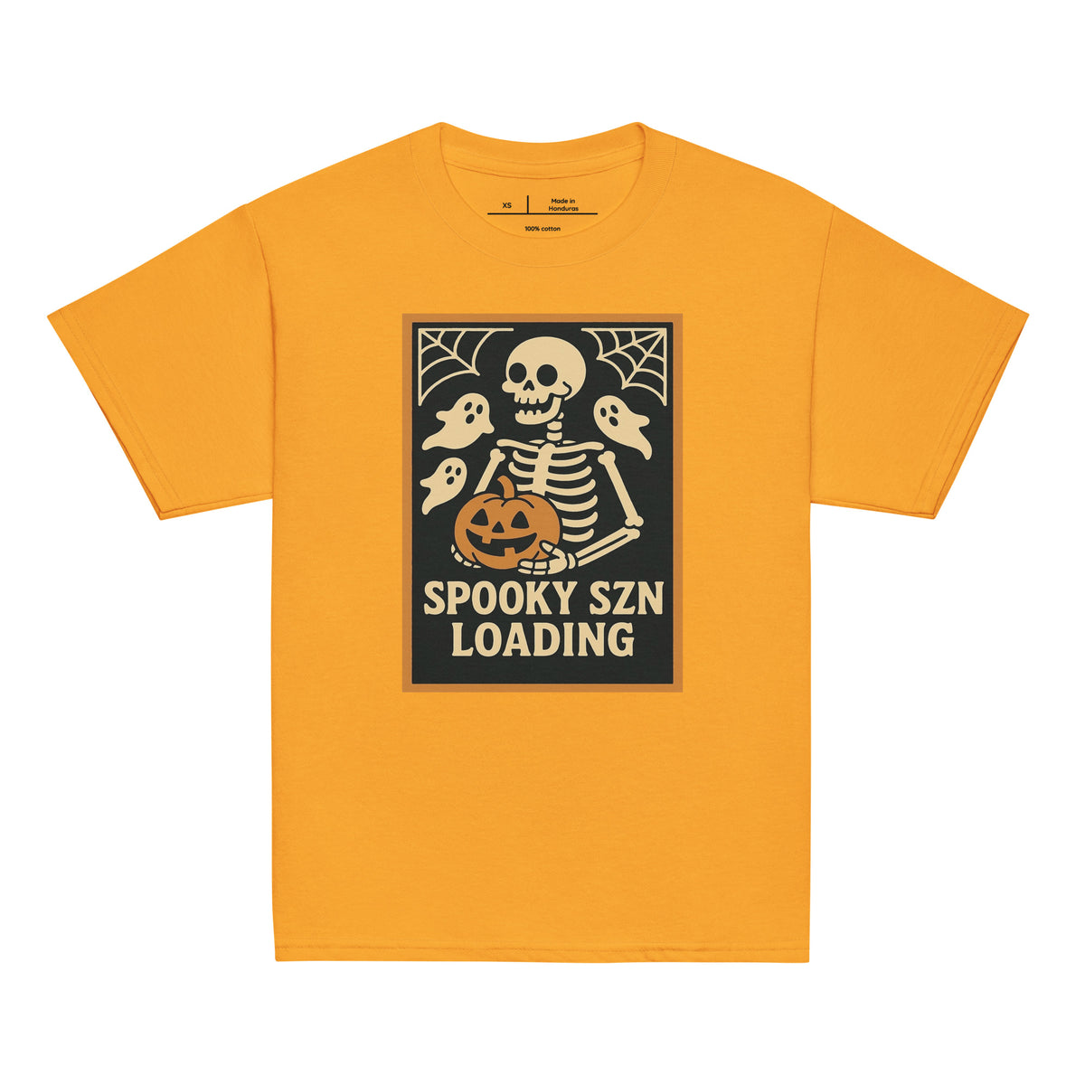 Spooky Szn Youth Tee in Gold, front view