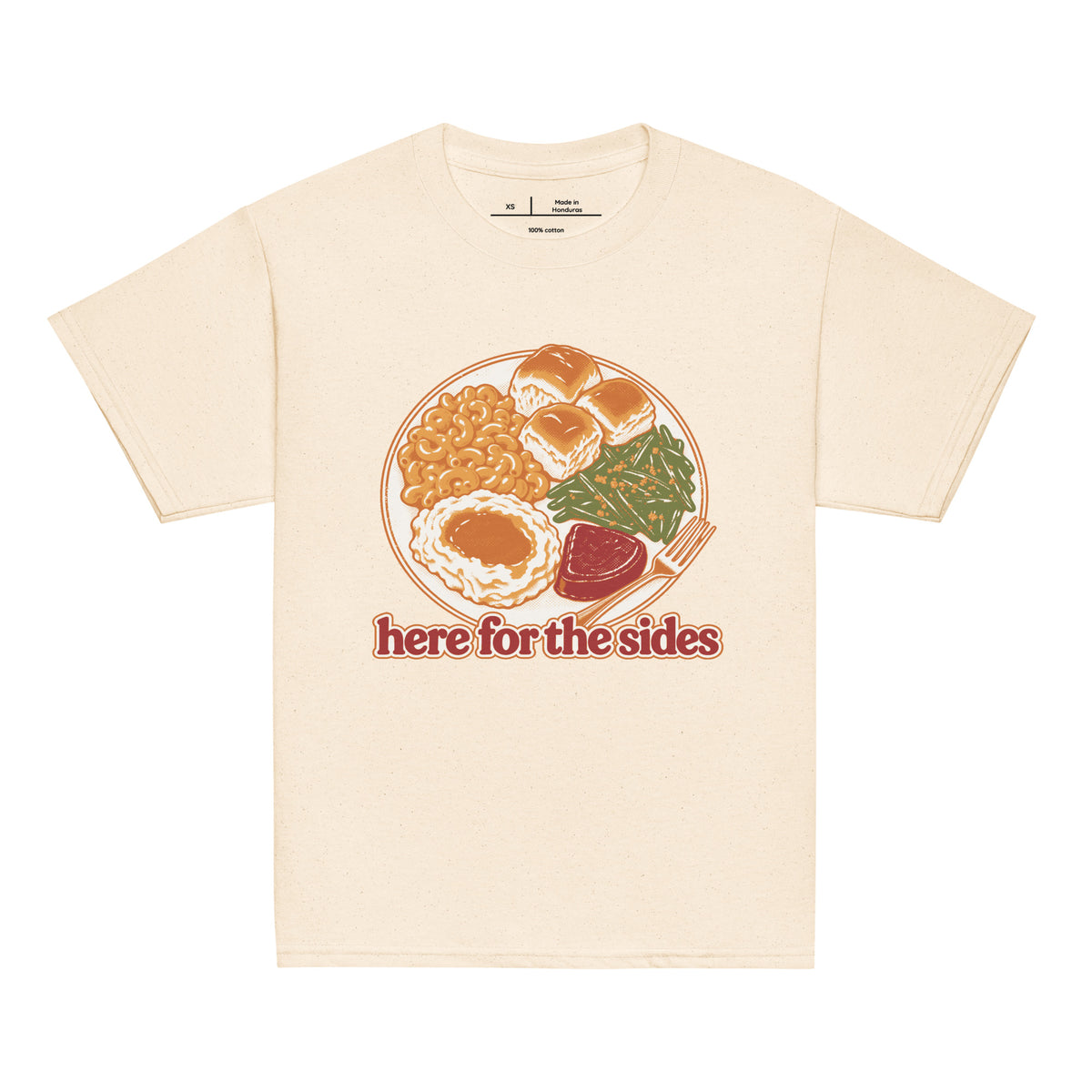 Here for the Sides youth tee in natural with a retro plate of Thanksgiving sides