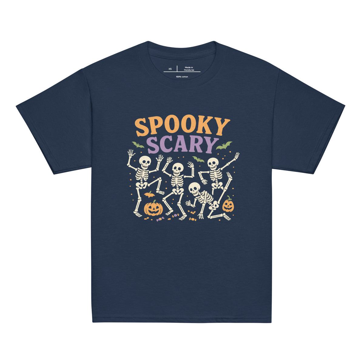 Spooky Scary youth tee in navy with dancing skeletons and jack-o'-lanterns