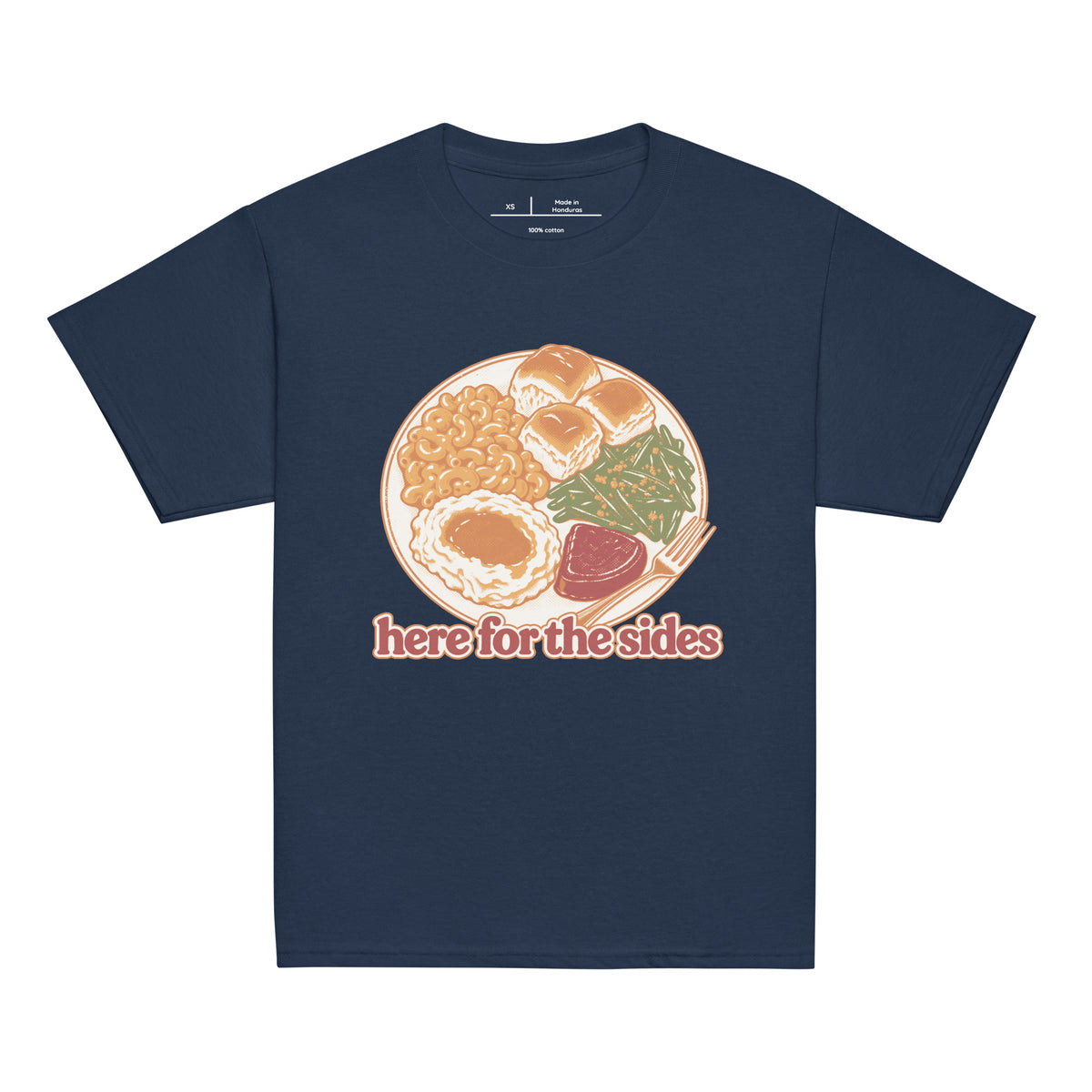 Here for the Sides youth tee in navy with a retro plate of Thanksgiving sides