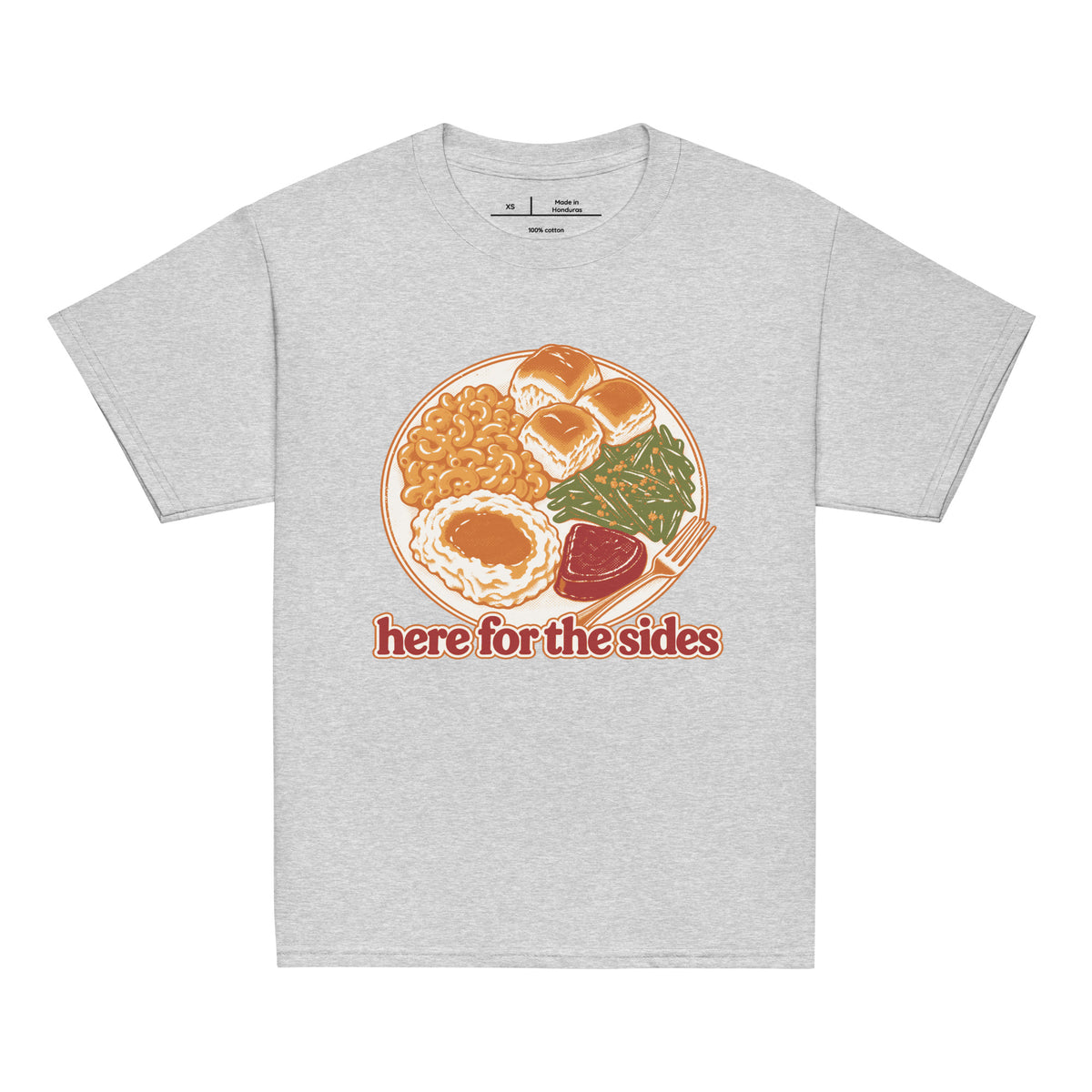 Here for the Sides youth tee in sport grey with a retro plate of Thanksgiving sides