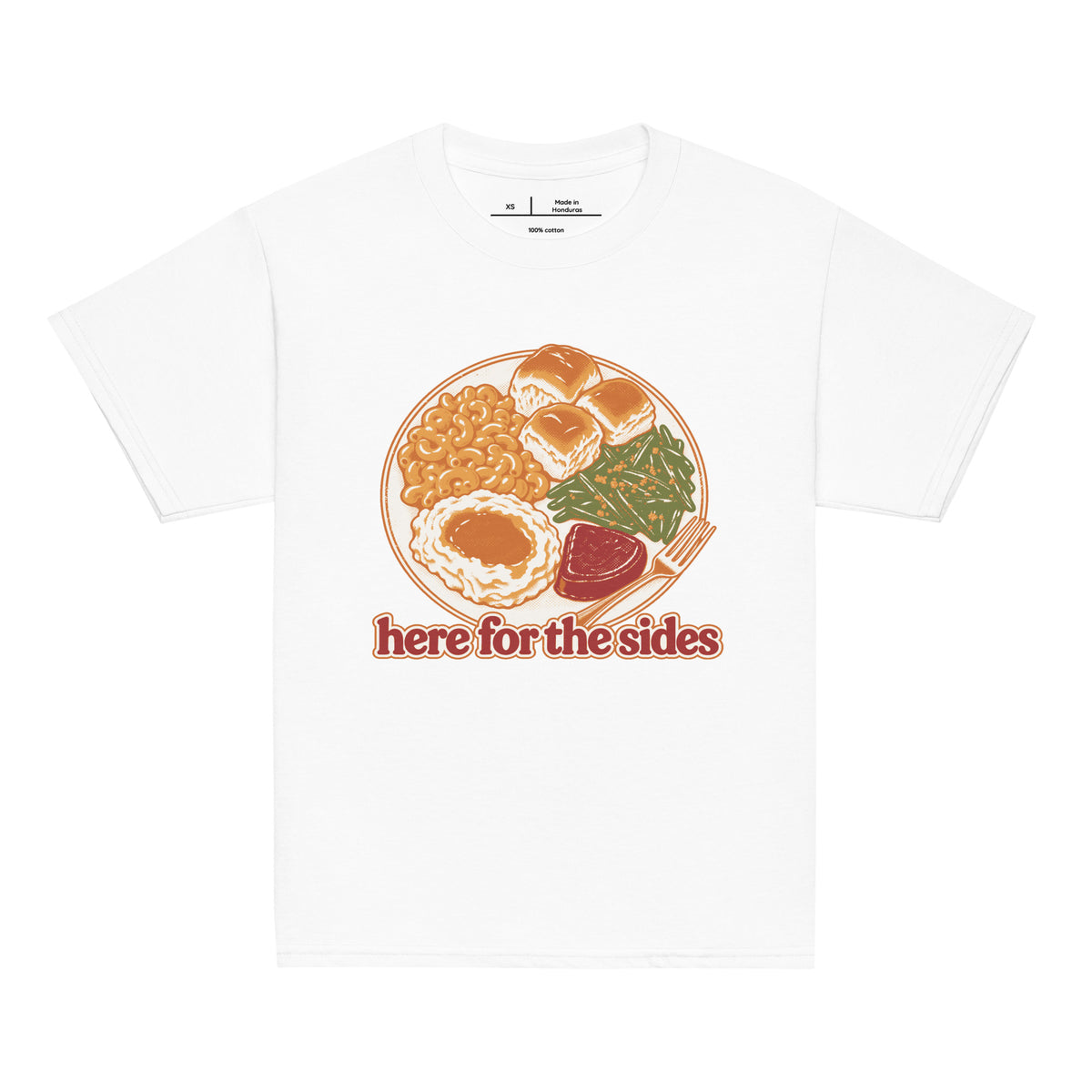 Here for the Sides youth tee in white with a retro plate of Thanksgiving sides